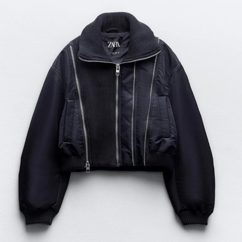 Zara Black Bomber Jacket with Silver Zippers - Picture 5 of 9
